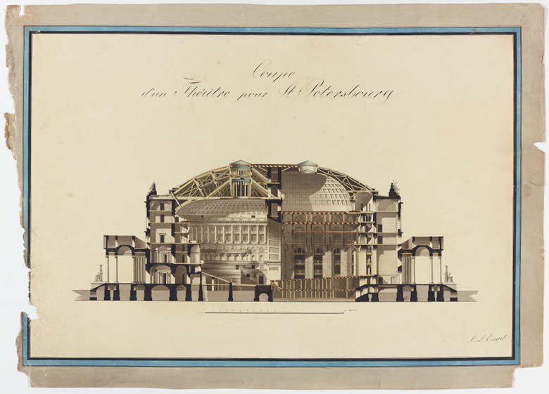 Carl Ludvig Engelin piirtämä suunnitelma Pietarin teatteriksi.